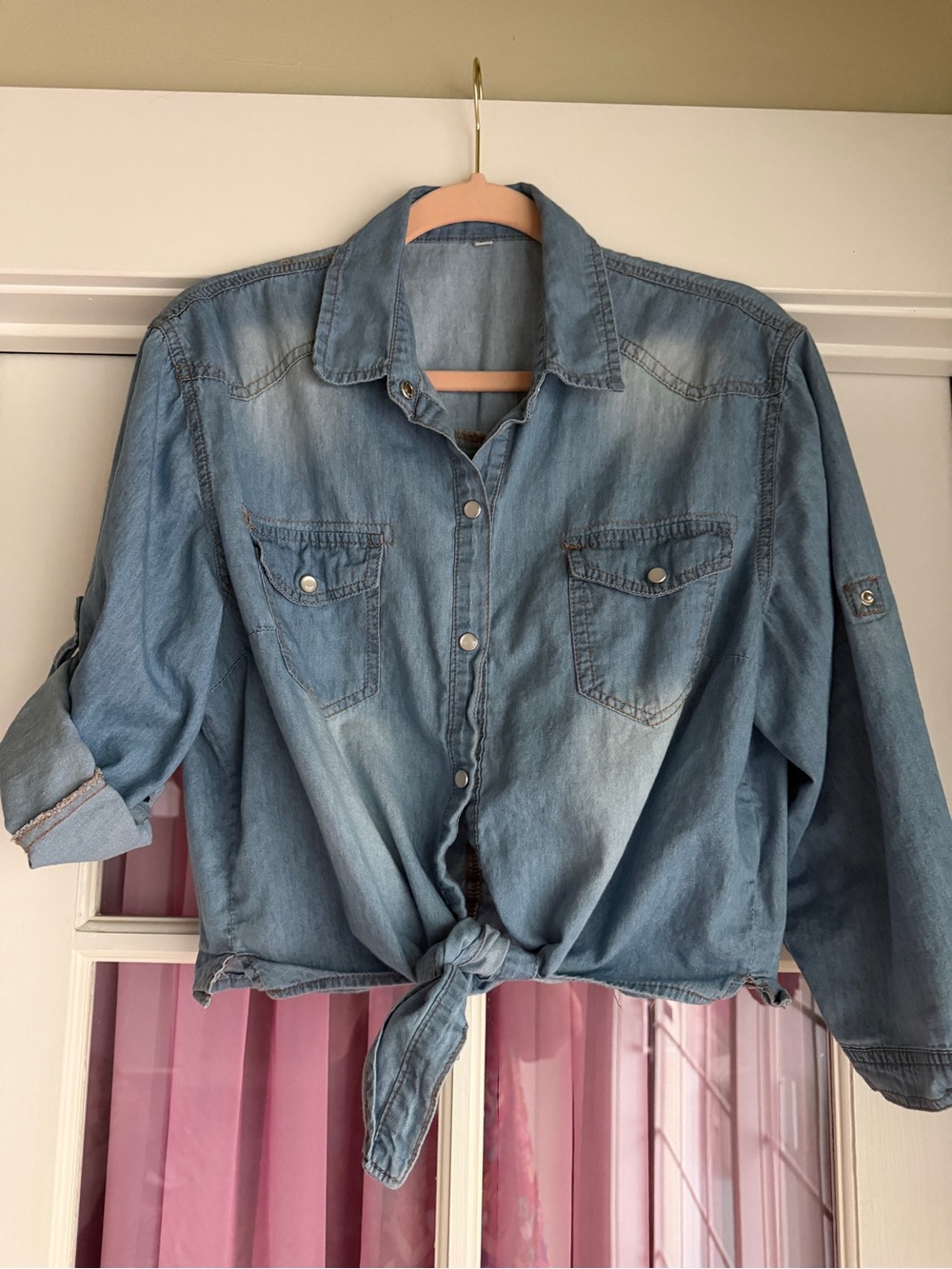 Light Blue Denim Tie-Front Shirt - Unbranded